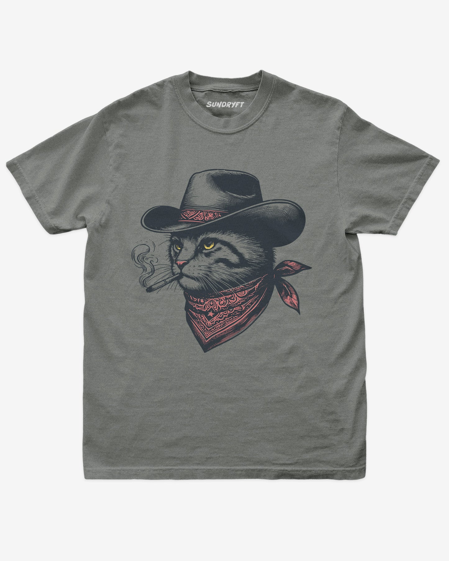 Flat lay gray shirt with retro graphic of a smoking cowboy cat