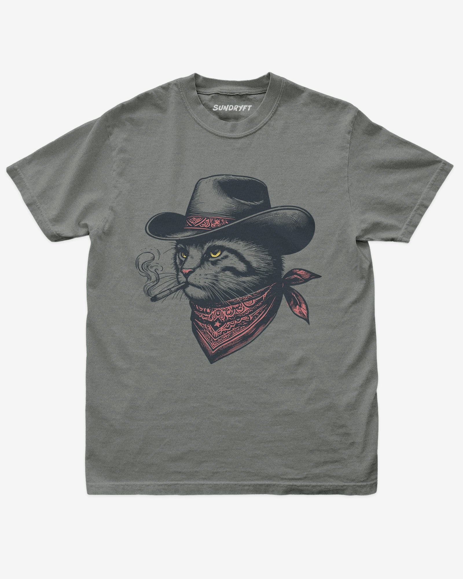 Flat lay gray shirt with retro graphic of a smoking cowboy cat