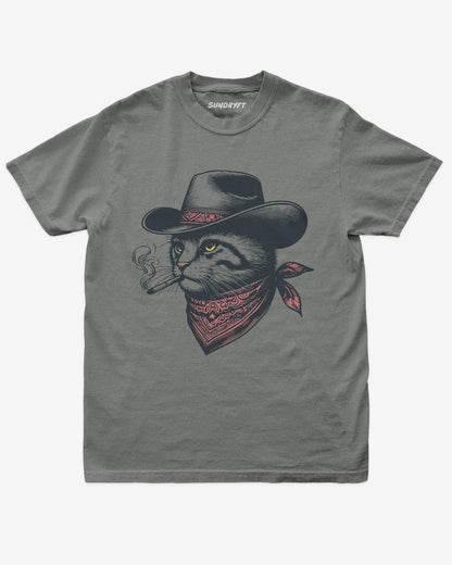 Flat lay gray shirt with retro graphic of a smoking cowboy cat