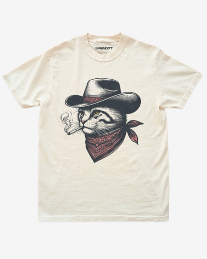 Flat lay ivory shirt with retro graphic of a smoking cowboy cat