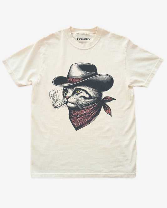 Flat lay ivory shirt with retro graphic of a smoking cowboy cat