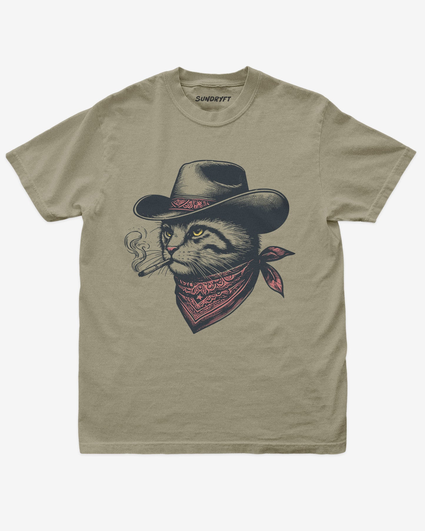 Flat lay khaki shirt with retro graphic of a smoking cowboy cat