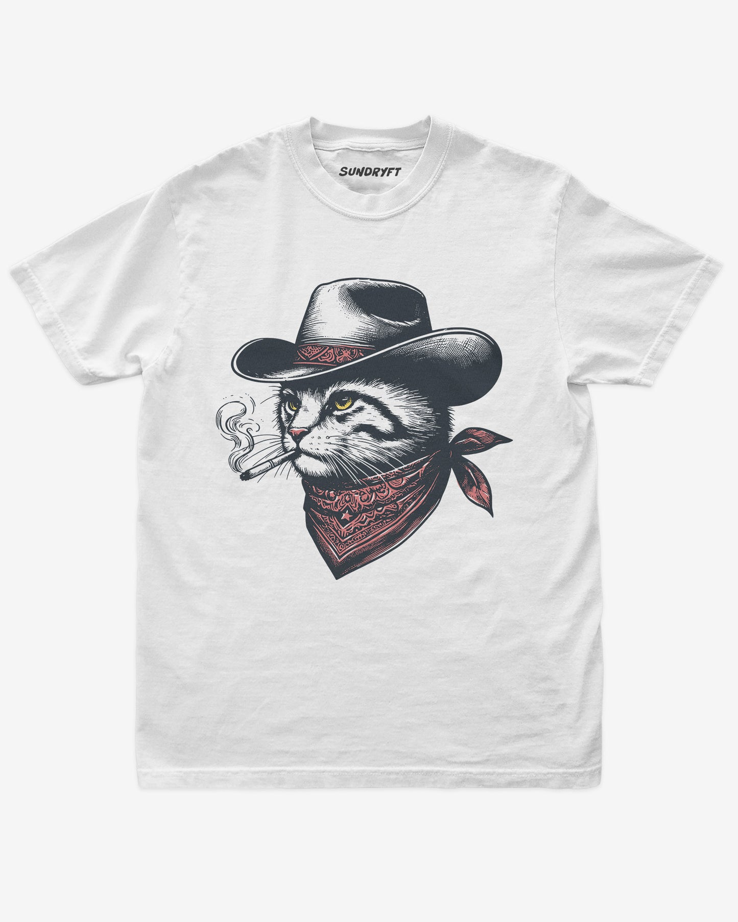 Flat lay white shirt with retro graphic of a smoking cowboy cat