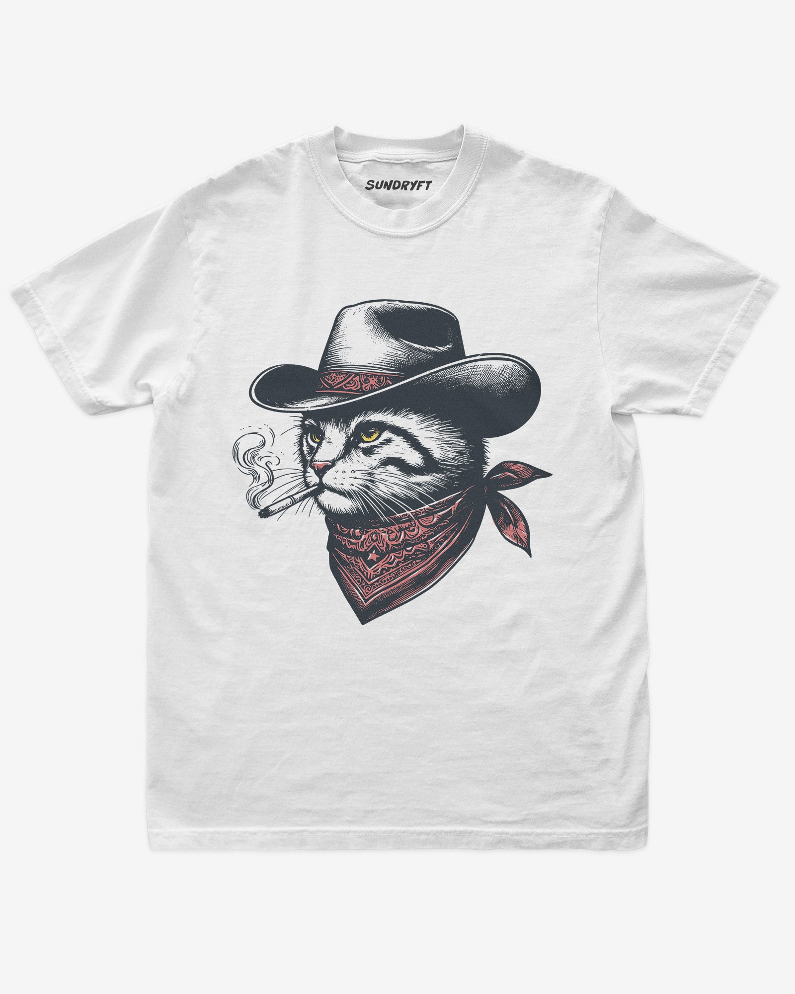 Flat lay white shirt with retro graphic of a smoking cowboy cat