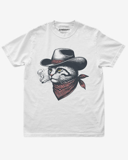 Flat lay white shirt with retro graphic of a smoking cowboy cat
