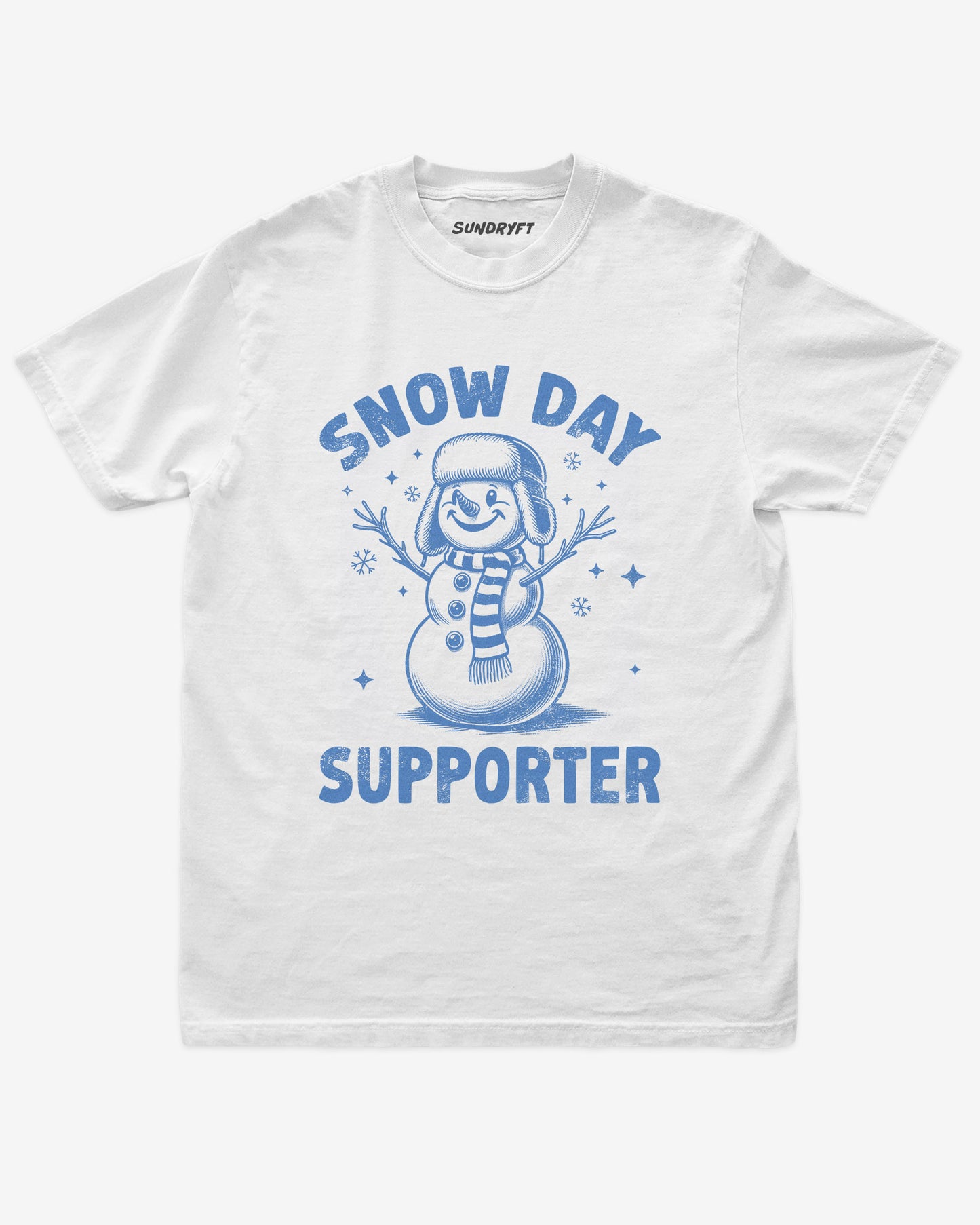 Snow Day Supporter shirt in white with snowman graphic