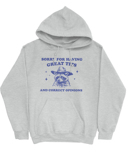 Flat lay of an ash gray hoodie with a funny retro cowboy raccoon graphic and the phrase 'Sorry For Having Great Tits And Correct Opinions'.