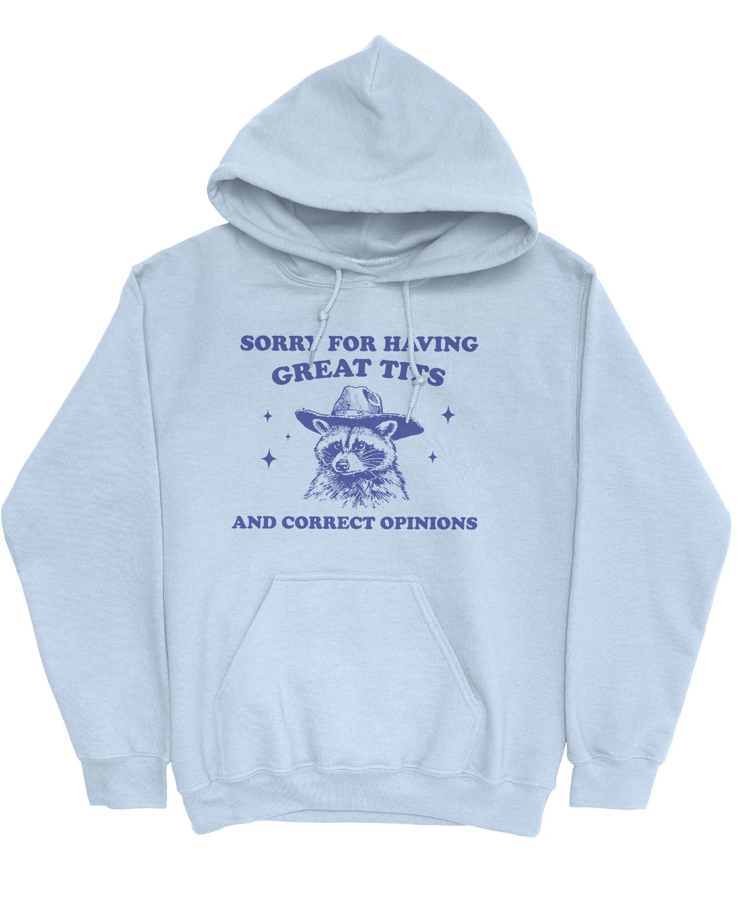 Flat lay of a light blue hoodie with a funny retro cowboy raccoon graphic and the phrase 'Sorry For Having Great Tits And Correct Opinions'.