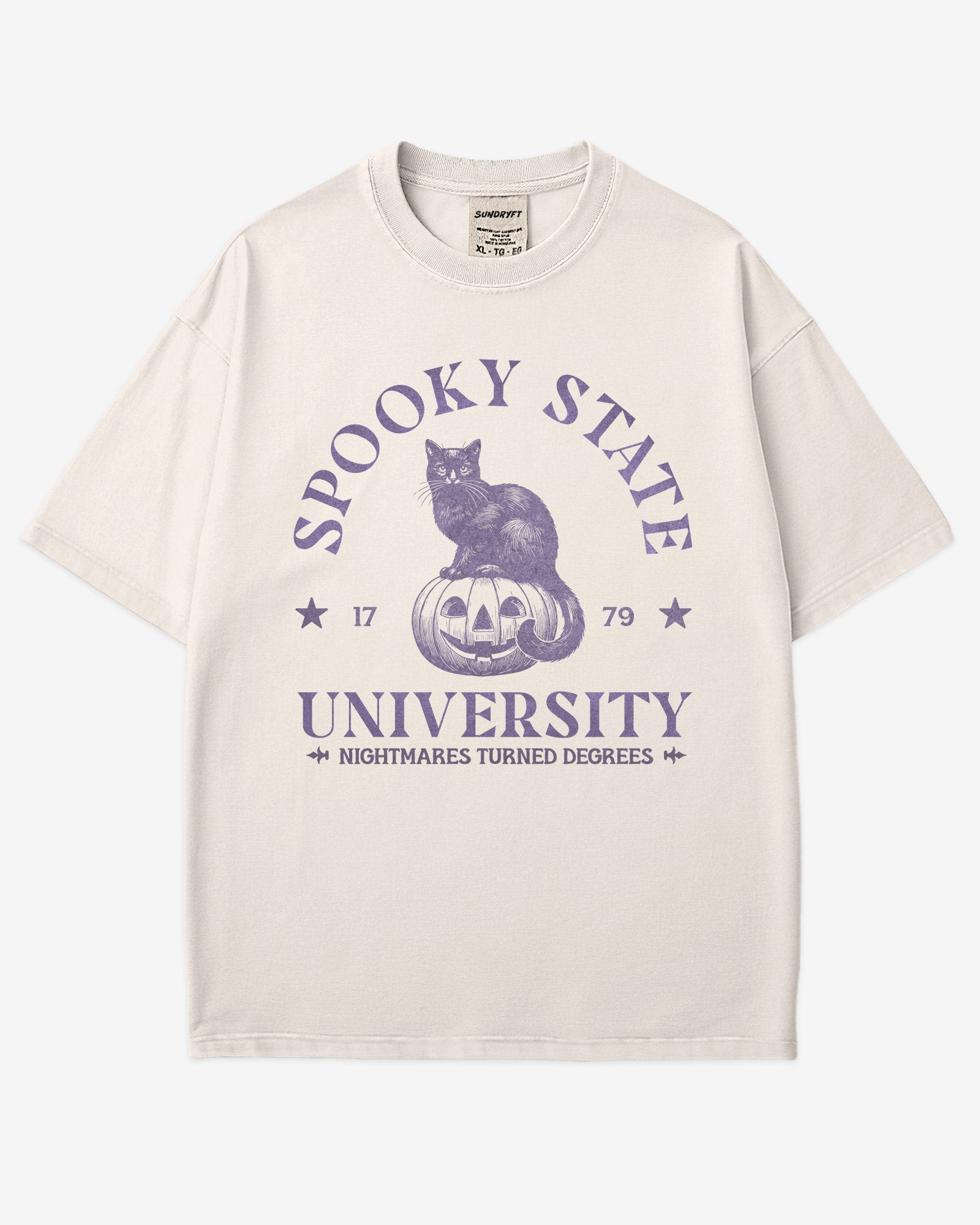 Spooky State University shirt in ivory with retro graphic of black cat sitting on pumpkin
