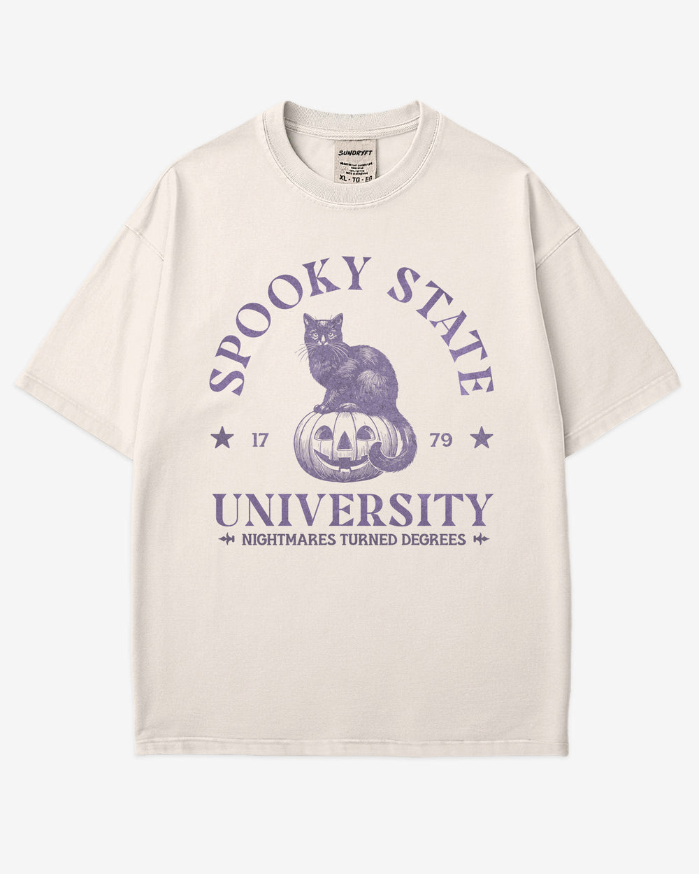 Spooky State University shirt in ivory with retro graphic of black cat sitting on pumpkin