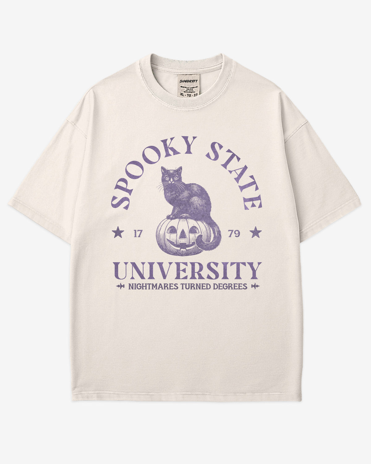 Spooky State University shirt in ivory with retro graphic of black cat sitting on pumpkin