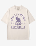 Spooky State University shirt in ivory with retro graphic of black cat sitting on pumpkin