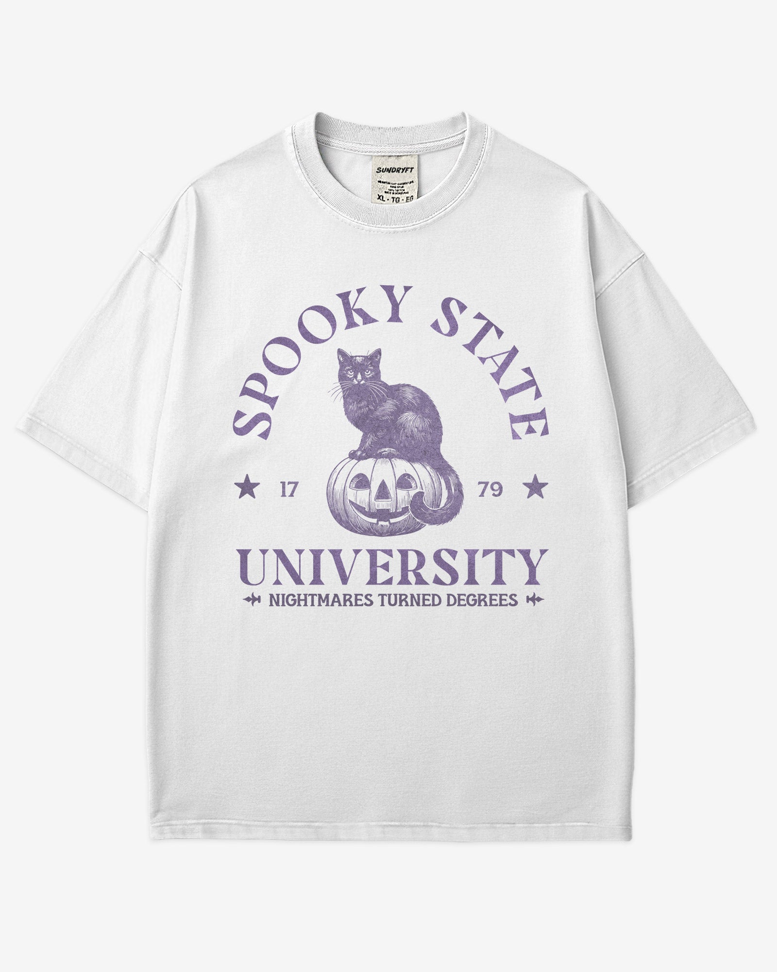 Spooky State University shirt in white with retro graphic of black cat sitting on pumpkin