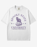 Spooky State University shirt in white with retro graphic of black cat sitting on pumpkin