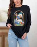 Model wearing black color long sleeve tee with 'Stay Positive Shark' graphic design