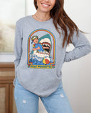 Model wearing sport gray color long sleeve tee with 'Stay Positive Shark' graphic design