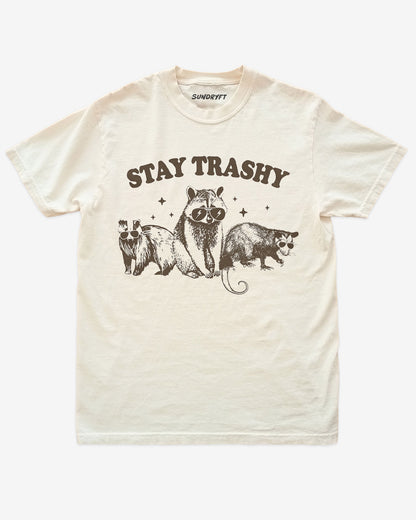 Stay Trashy shirt in ivory with funny retro graphic of raccoon, opossum and badger