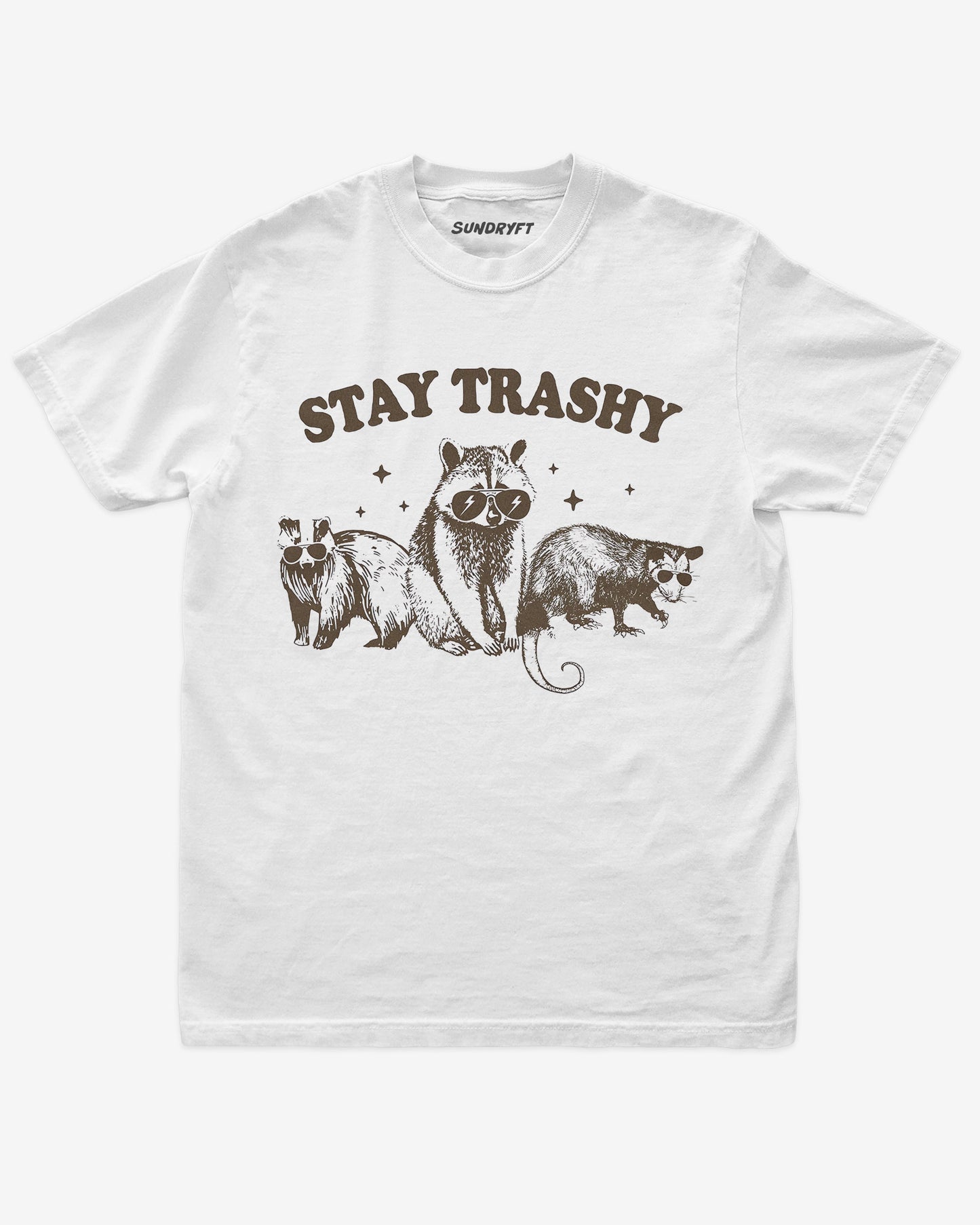 Stay Trashy shirt in white with funny retro graphic of raccoon, opossum and badger