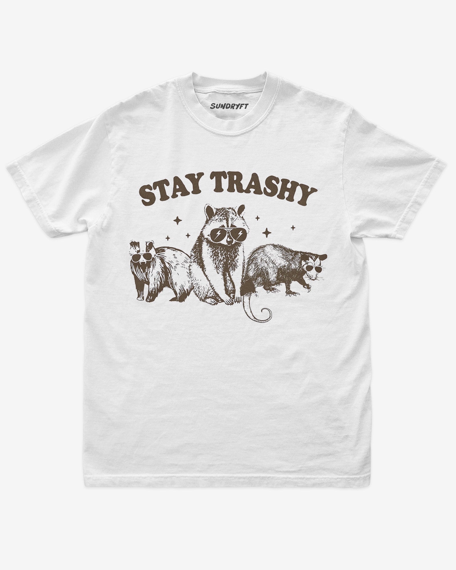 Stay Trashy shirt in white with funny retro graphic of raccoon, opossum and badger