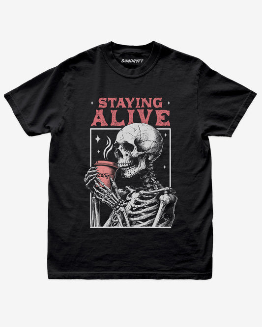 Staying Alive shirt in black with skeleton drinking coffee graphic
