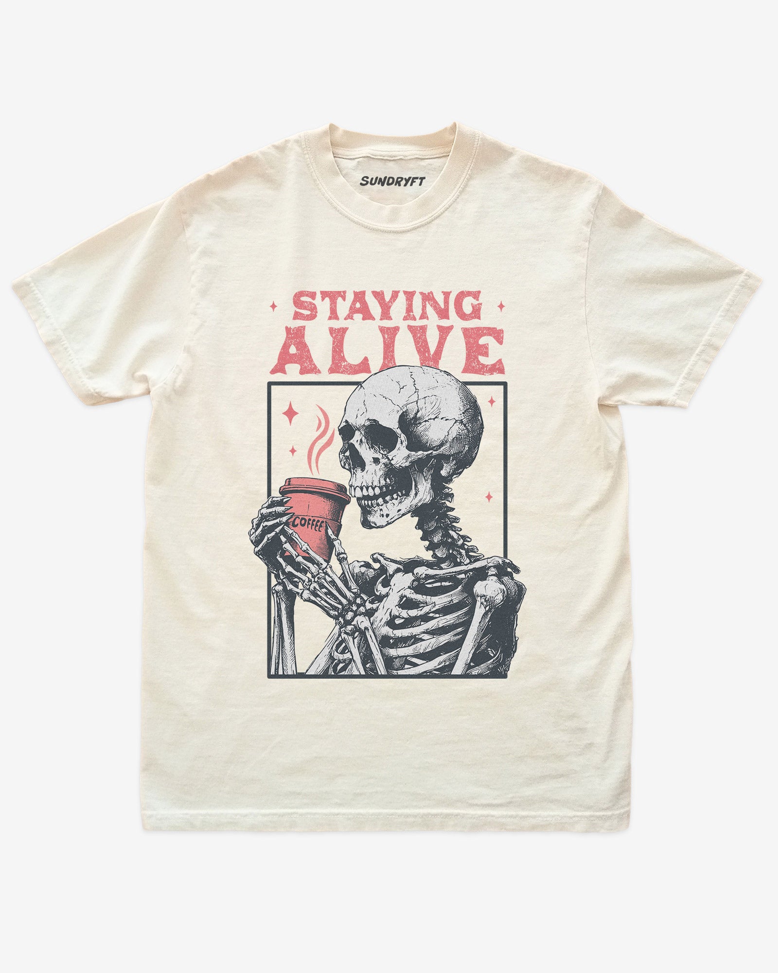 Staying Alive shirt in ivory with skeleton drinking coffee graphic