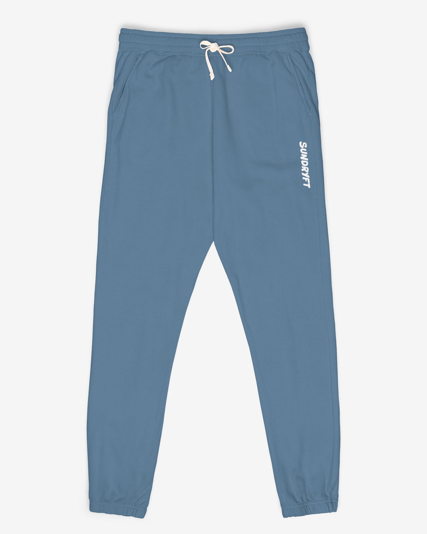 Flat lay blue jean color Sundryft unisex fleece sweatpants.