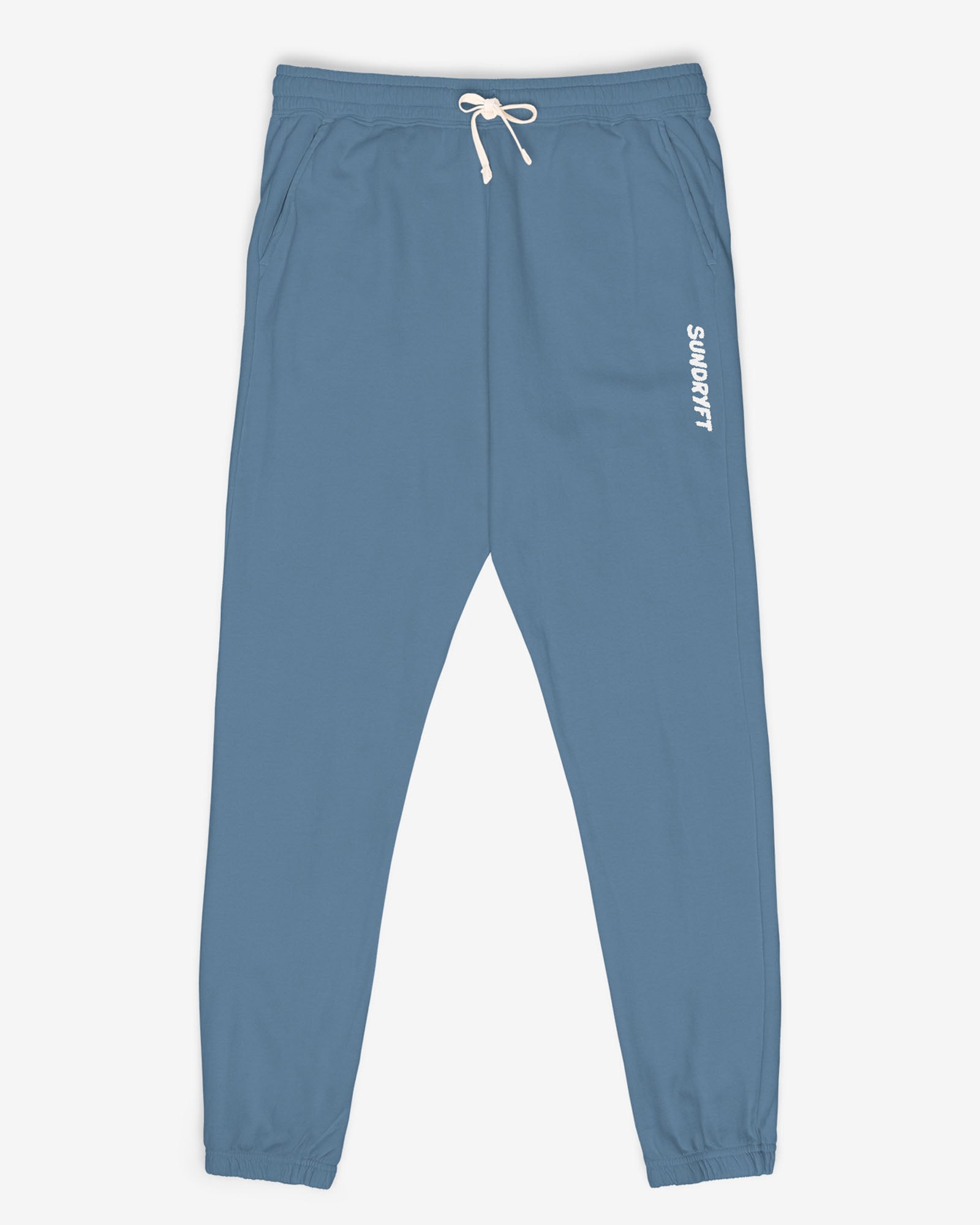 Flat lay blue jean color Sundryft unisex fleece sweatpants.
