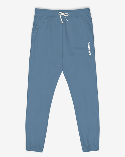 Flat lay blue jean color Sundryft unisex fleece sweatpants.