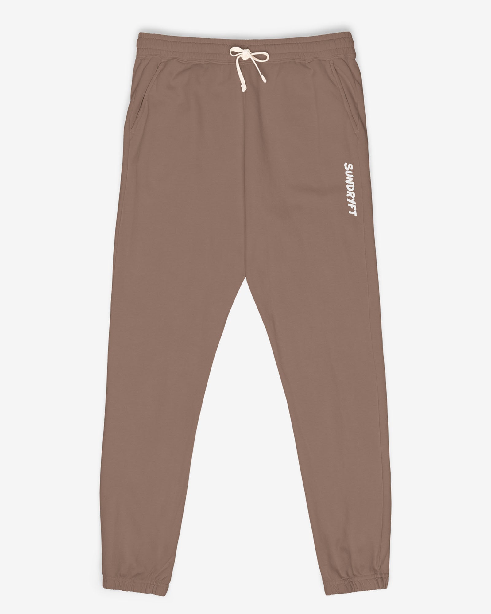 Flat lay espresso color Sundryft unisex fleece sweatpants.