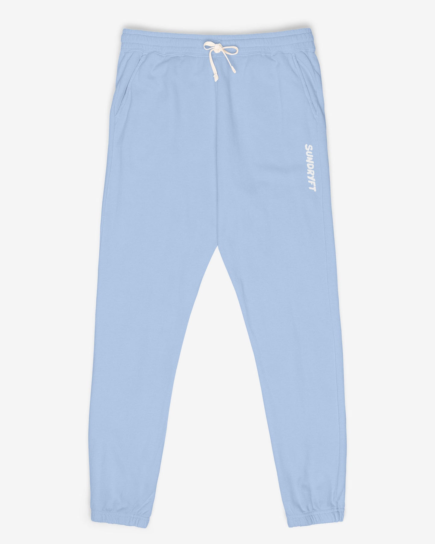 Flat lay hydrangea color Sundryft unisex fleece sweatpants.