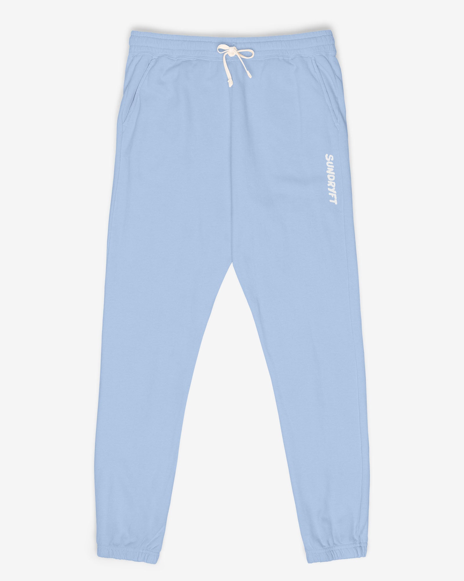 Flat lay hydrangea color Sundryft unisex fleece sweatpants.