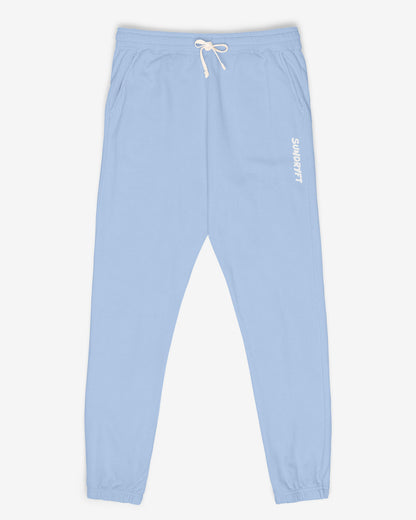 Flat lay hydrangea color Sundryft unisex fleece sweatpants.