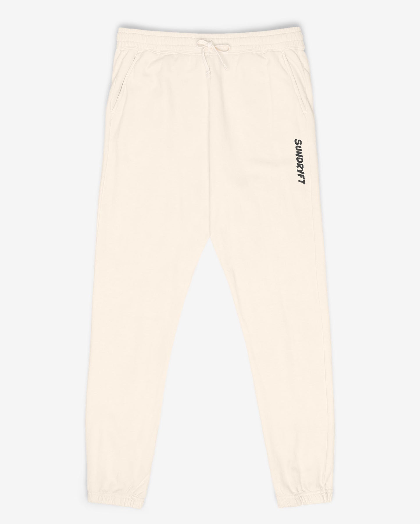 Flat lay ivory color Sundryft unisex fleece sweatpants.