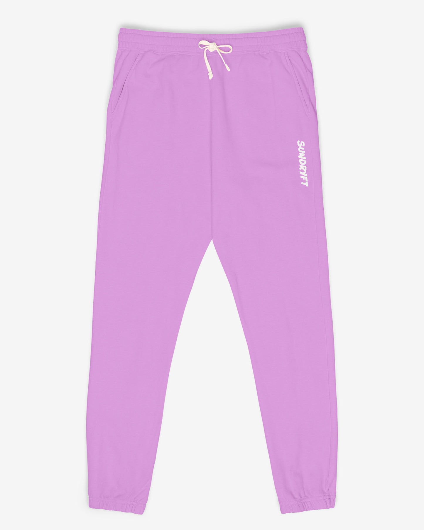 Flat lay neon violet color Sundryft unisex fleece sweatpants.