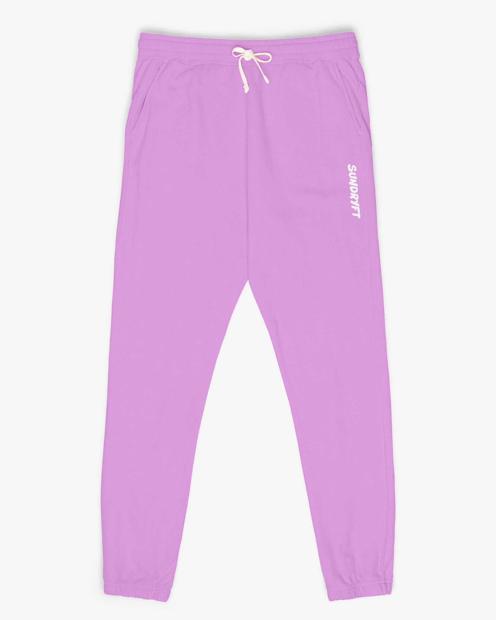 Flat lay neon violet color Sundryft unisex fleece sweatpants.