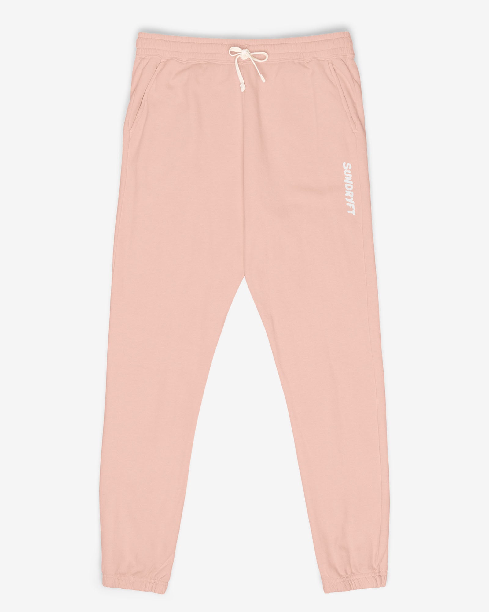 Flat lay peachy color Sundryft unisex fleece sweatpants.