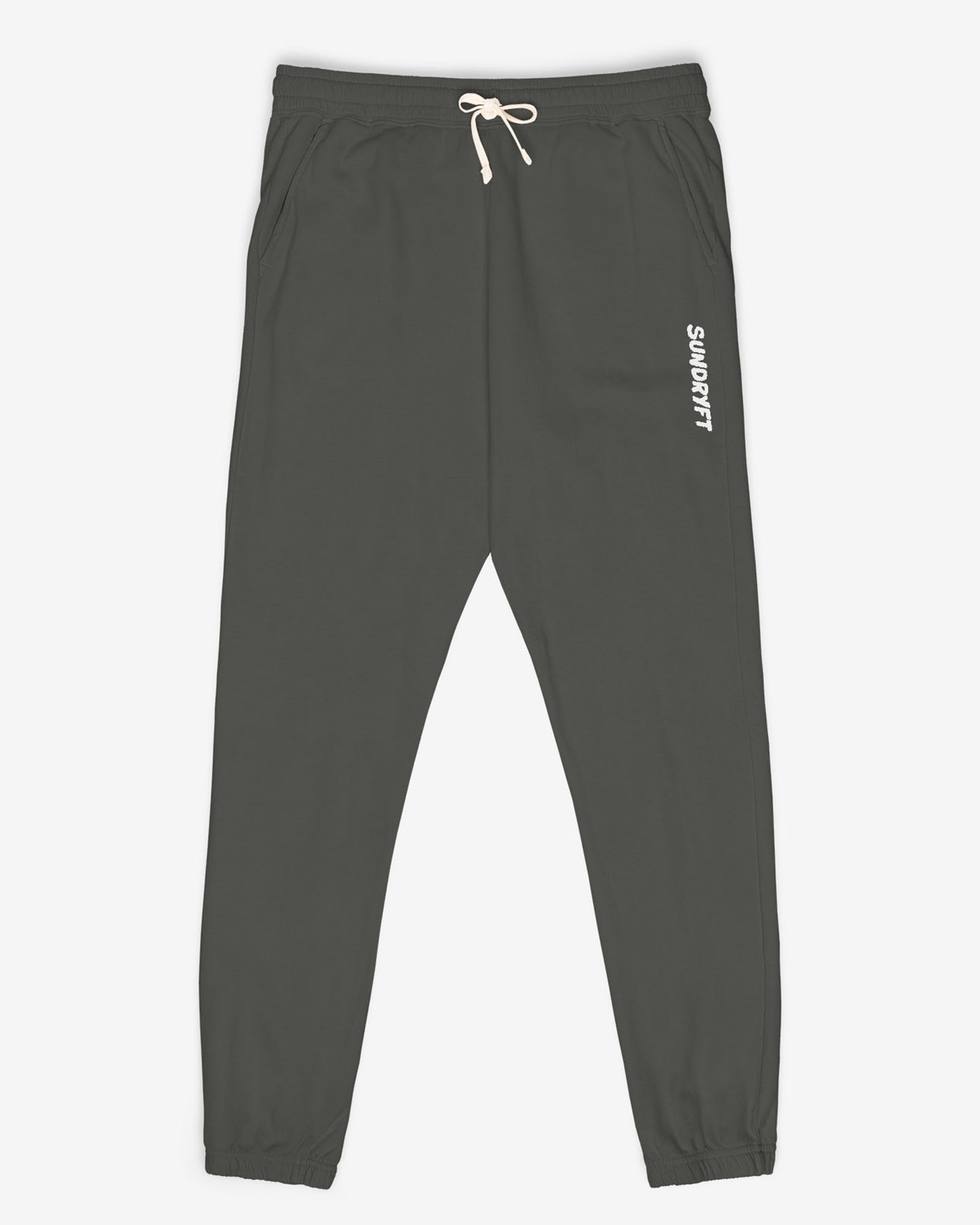 Flat lay pepper color Sundryft unisex fleece sweatpants.