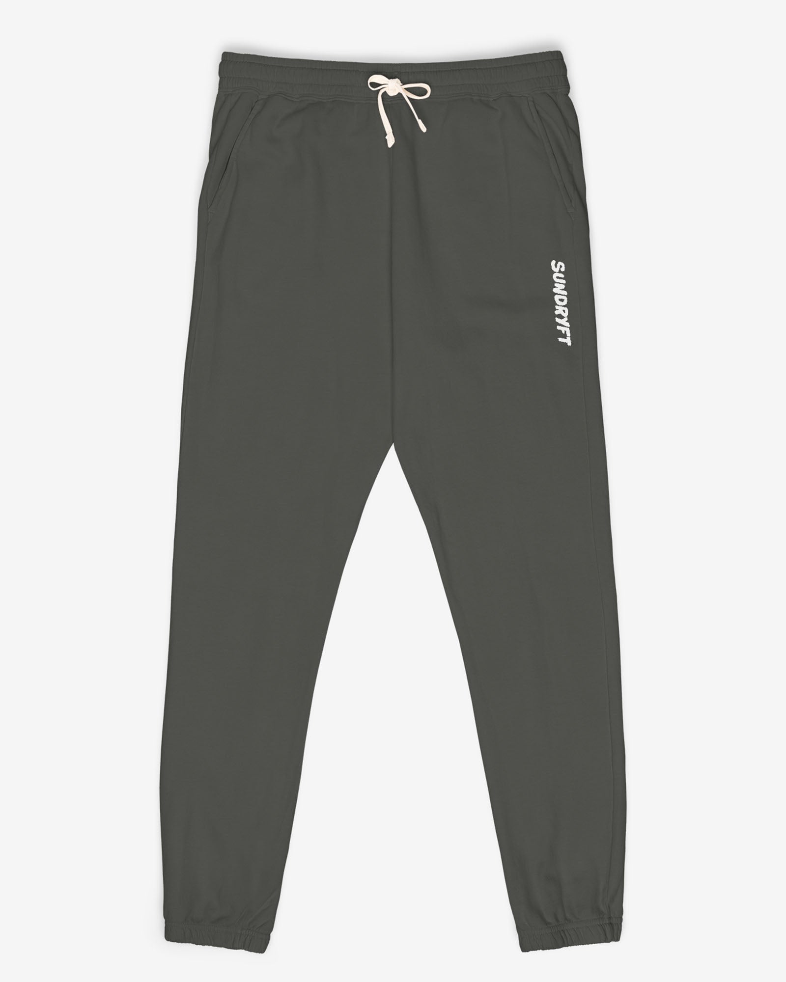 Flat lay pepper color Sundryft unisex fleece sweatpants.