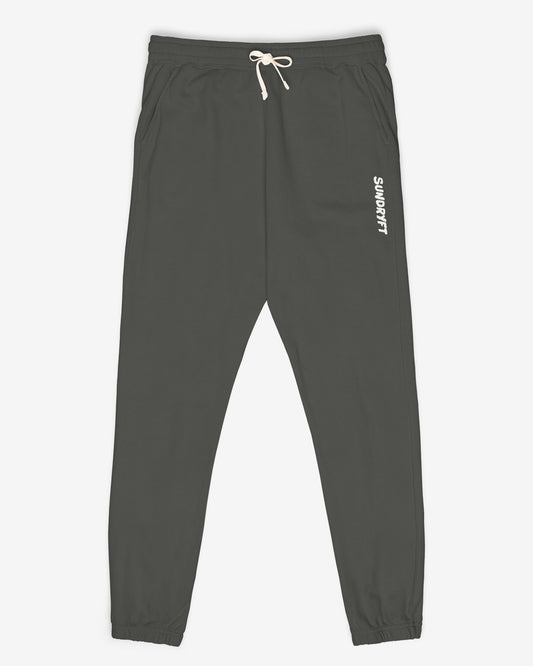 Flat lay pepper color Sundryft unisex fleece sweatpants.
