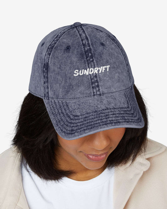 Woman wearing Sundryft embroidered vintage cap in navy color