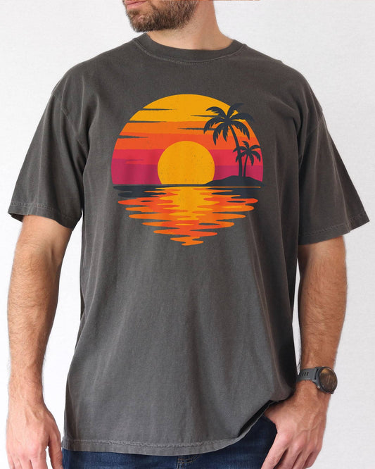 Model wearing pepper color shirt with retro sunset graphic design