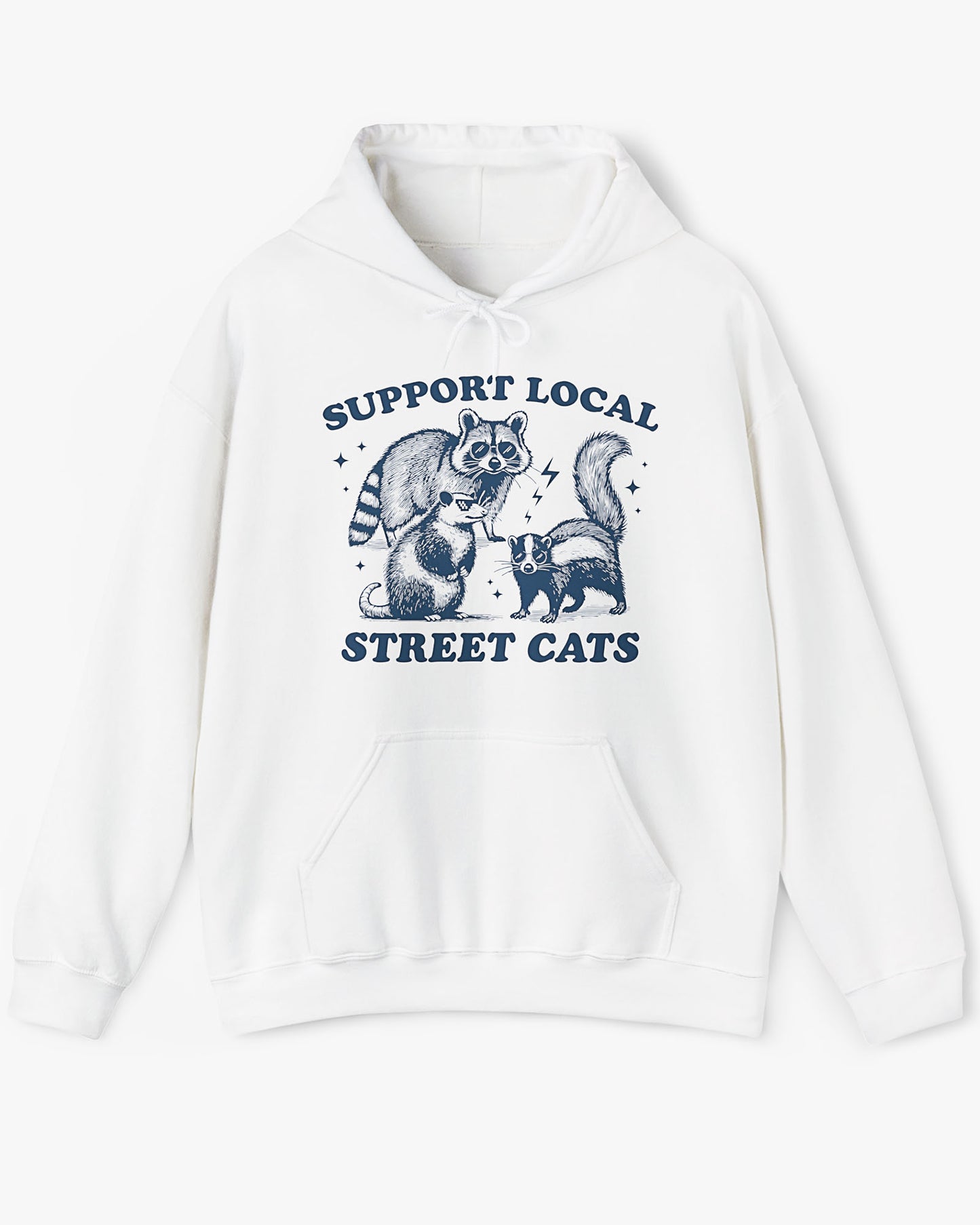Flat lay white 'Support Local Street Cats' hoodie with a funny raccoon and opossum retro graphic