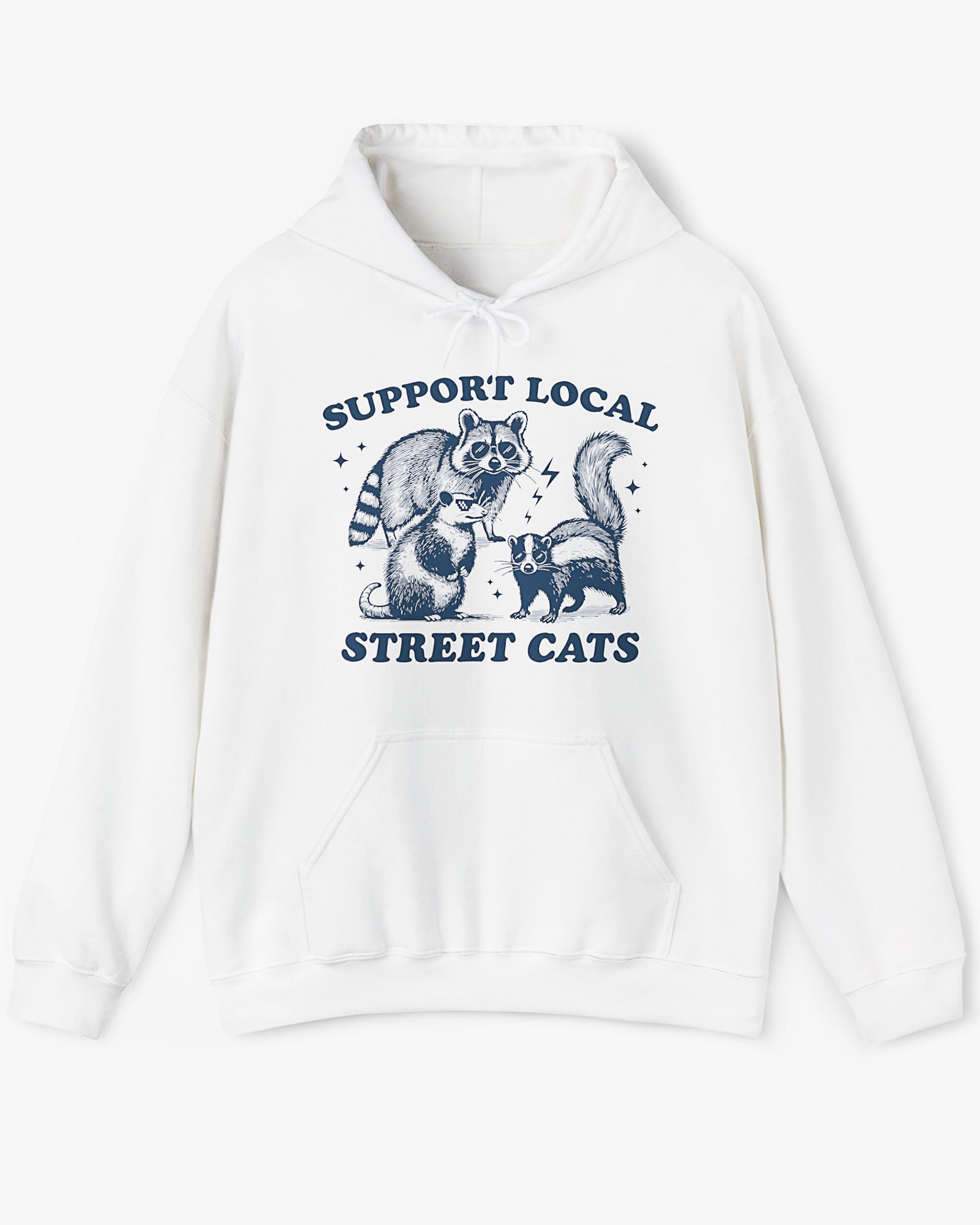 Flat lay white 'Support Local Street Cats' hoodie with a funny raccoon and opossum retro graphic