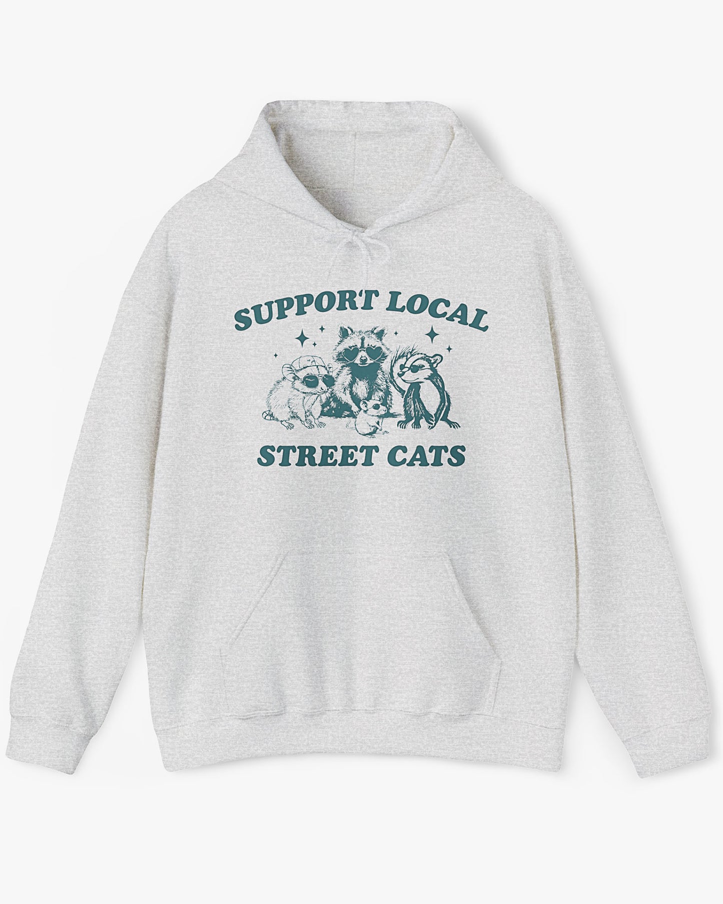 Flat lay ash gray 'Support Local Street Cats' hoodie with funny retro raccoon and opossum graphic