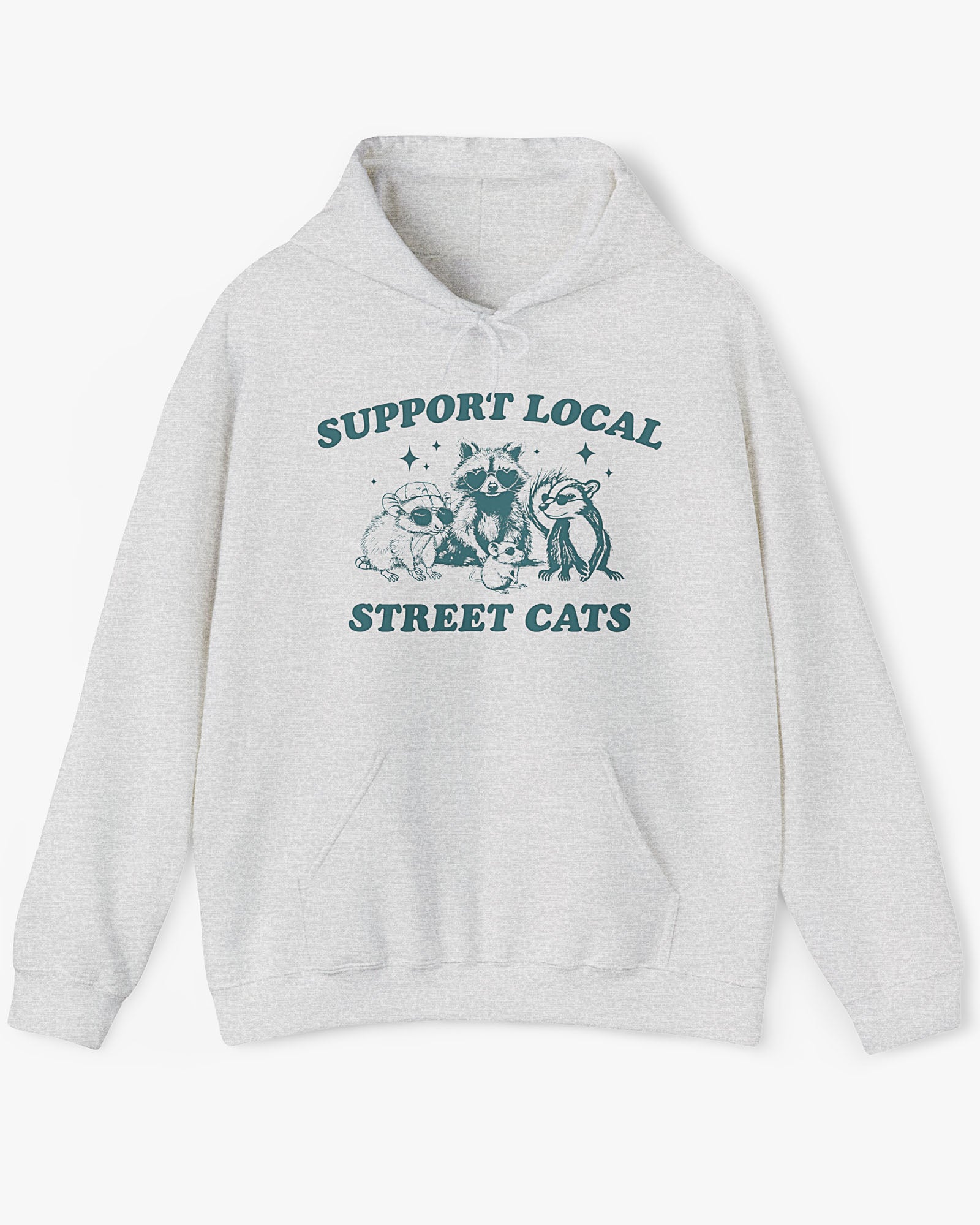 Flat lay ash gray 'Support Local Street Cats' hoodie with funny retro raccoon and opossum graphic