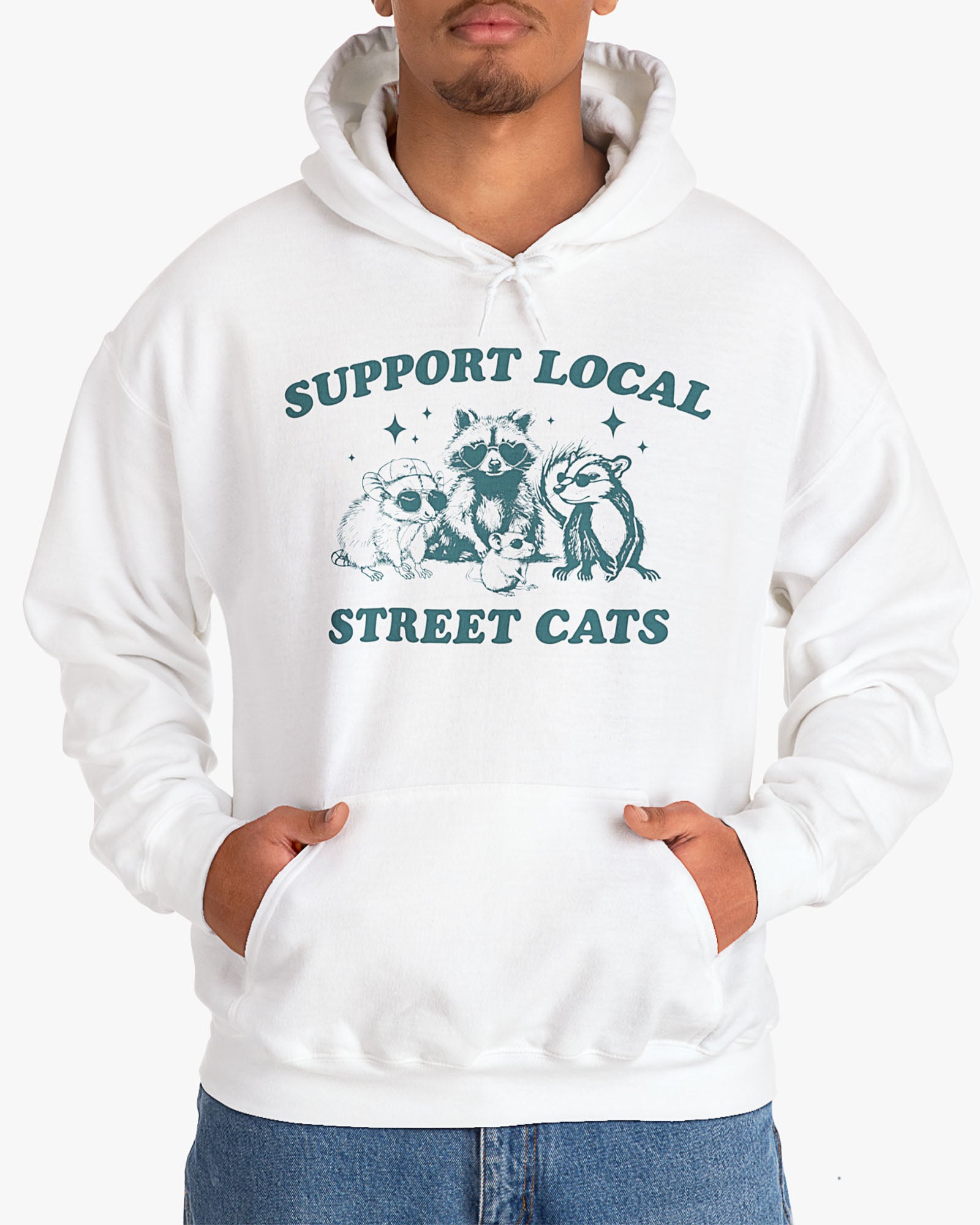 Man wearing white 'Support Local Street Cats' hoodie with funny retro raccoon and opossum graphic