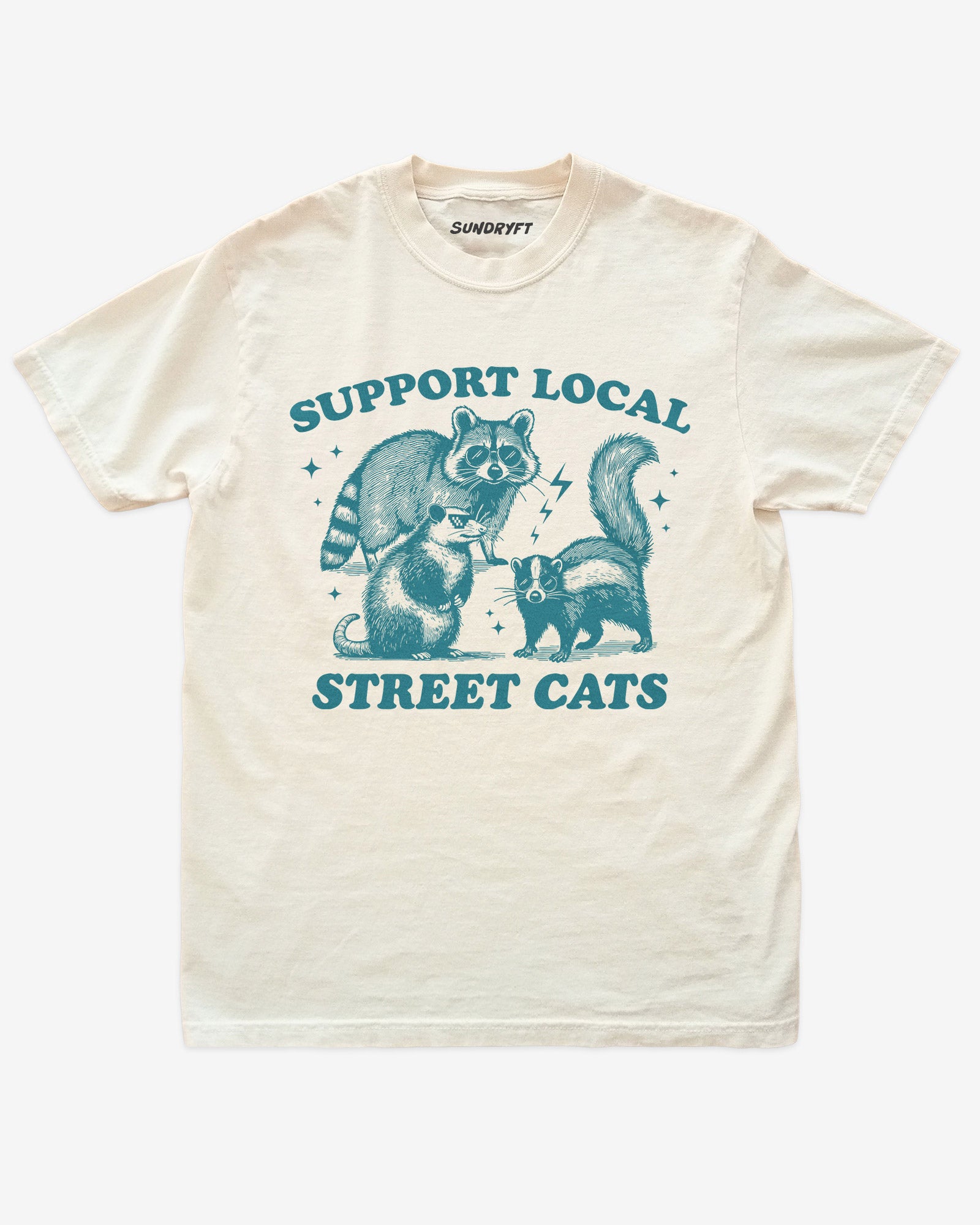 Support Local Street Cats shirt in ivory with funny graphic of raccoon, opossum, and skunk wearing sunglasses