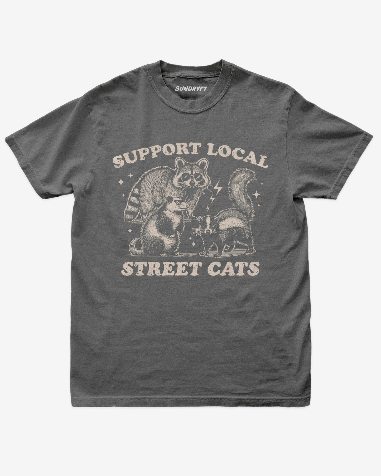 Support Local Street Cats shirt in pepper with funny graphic of raccoon, opossum, and skunk wearing sunglasses