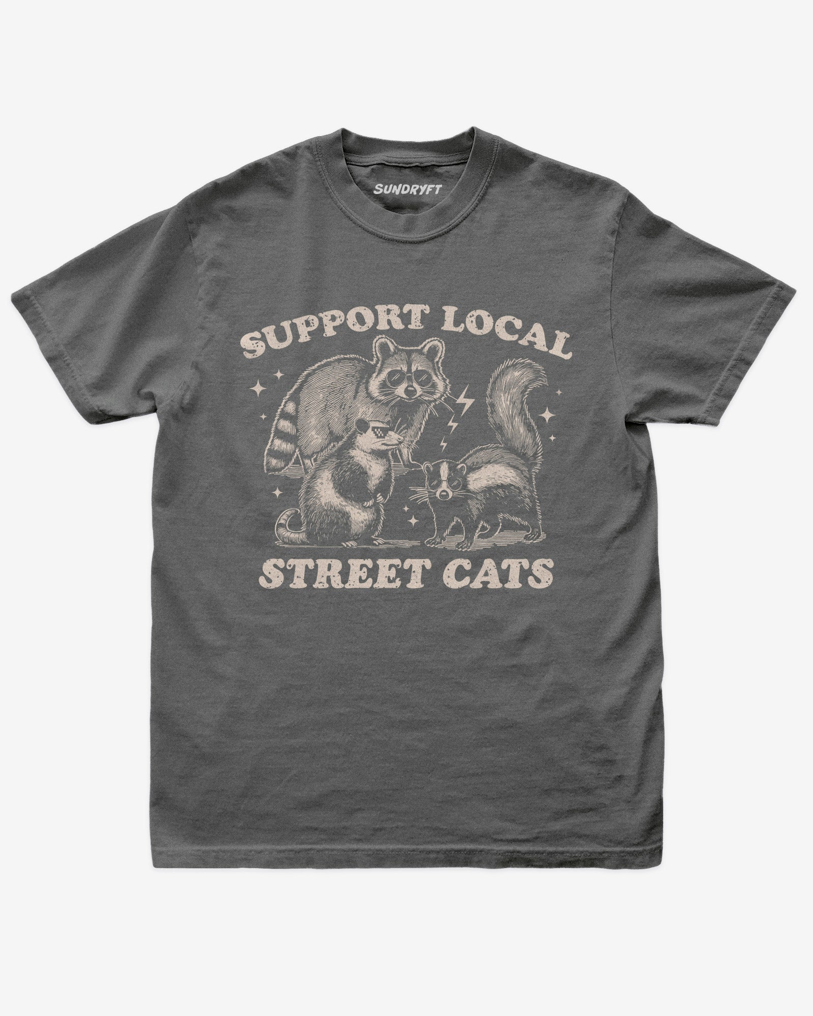 Support Local Street Cats shirt in pepper with funny graphic of raccoon, opossum, and skunk wearing sunglasses
