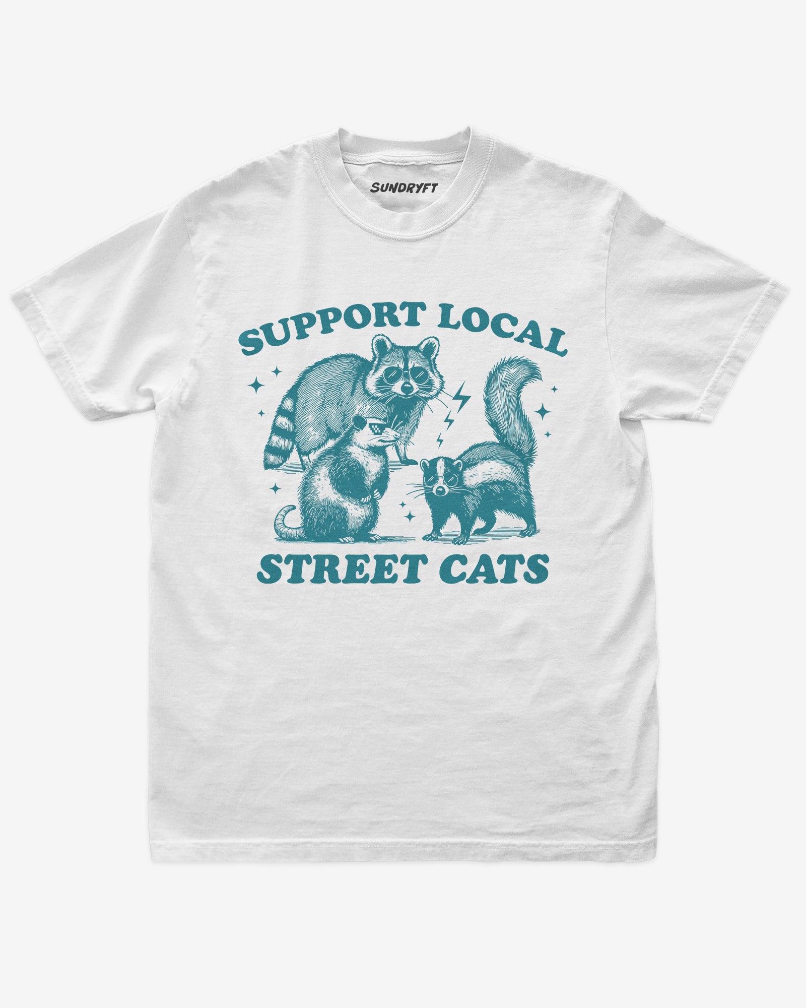 Support Local Street Cats shirt in white with funny graphic of raccoon, opossum, and skunk wearing sunglasses